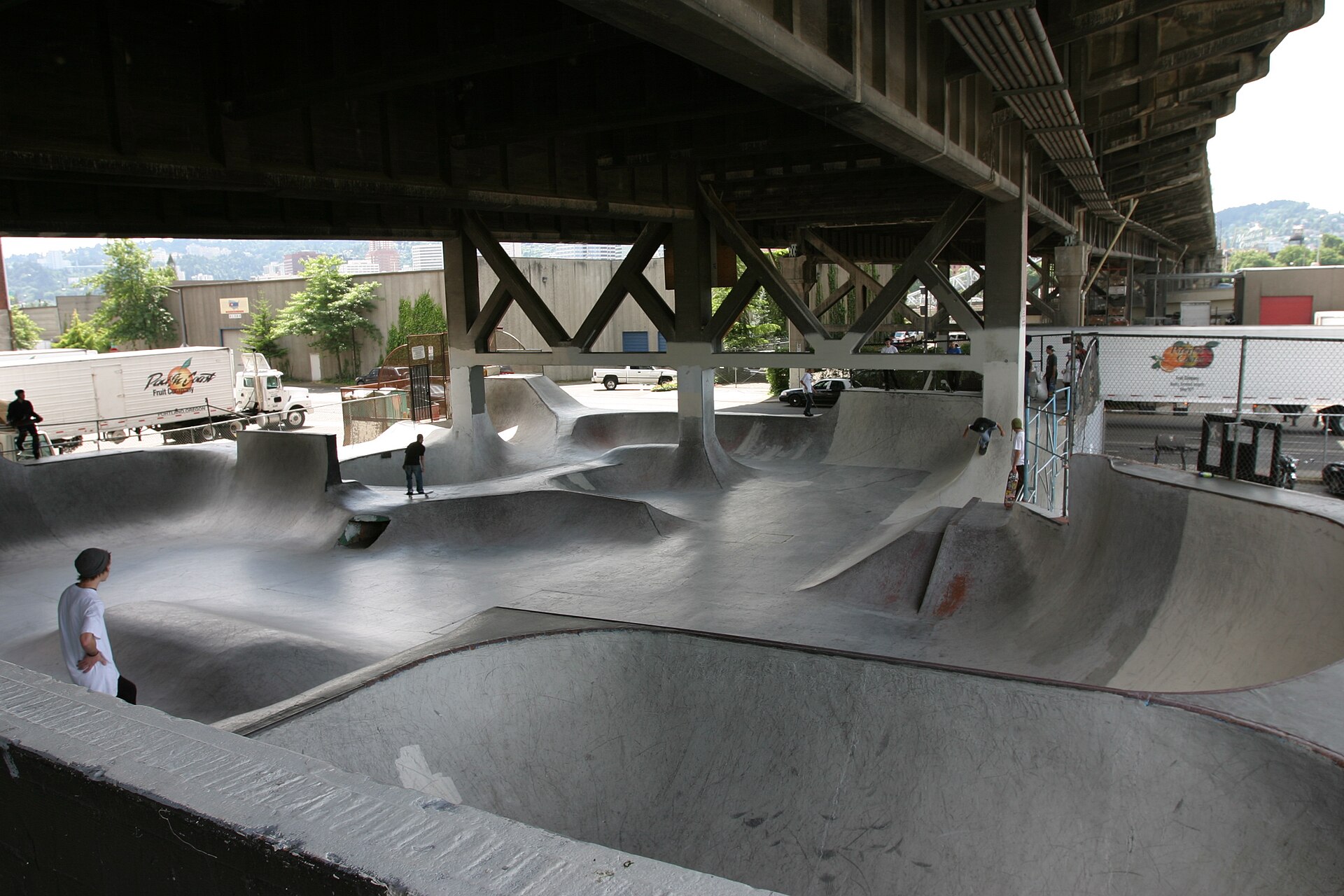 Concrete transitions of the do-it-yourself Burnside Skatepark under the Burnside Bridge in Portland, Oregon
